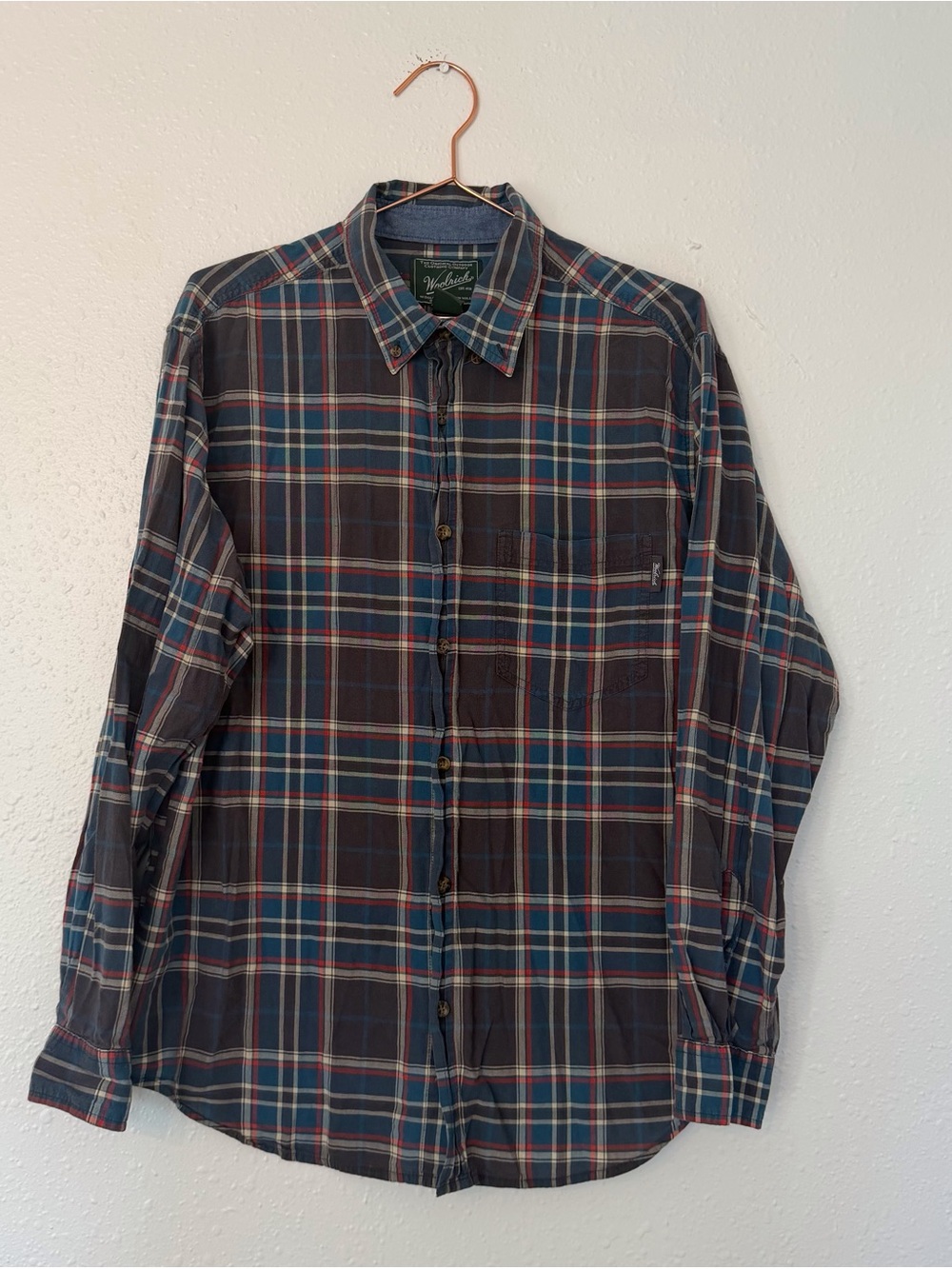 Woolrich Men's Plaid Button-Down Shirt in Blue and Brown Tones